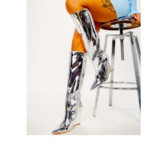 Fashion Nova Silver Boots with wedge heel brand new in box!